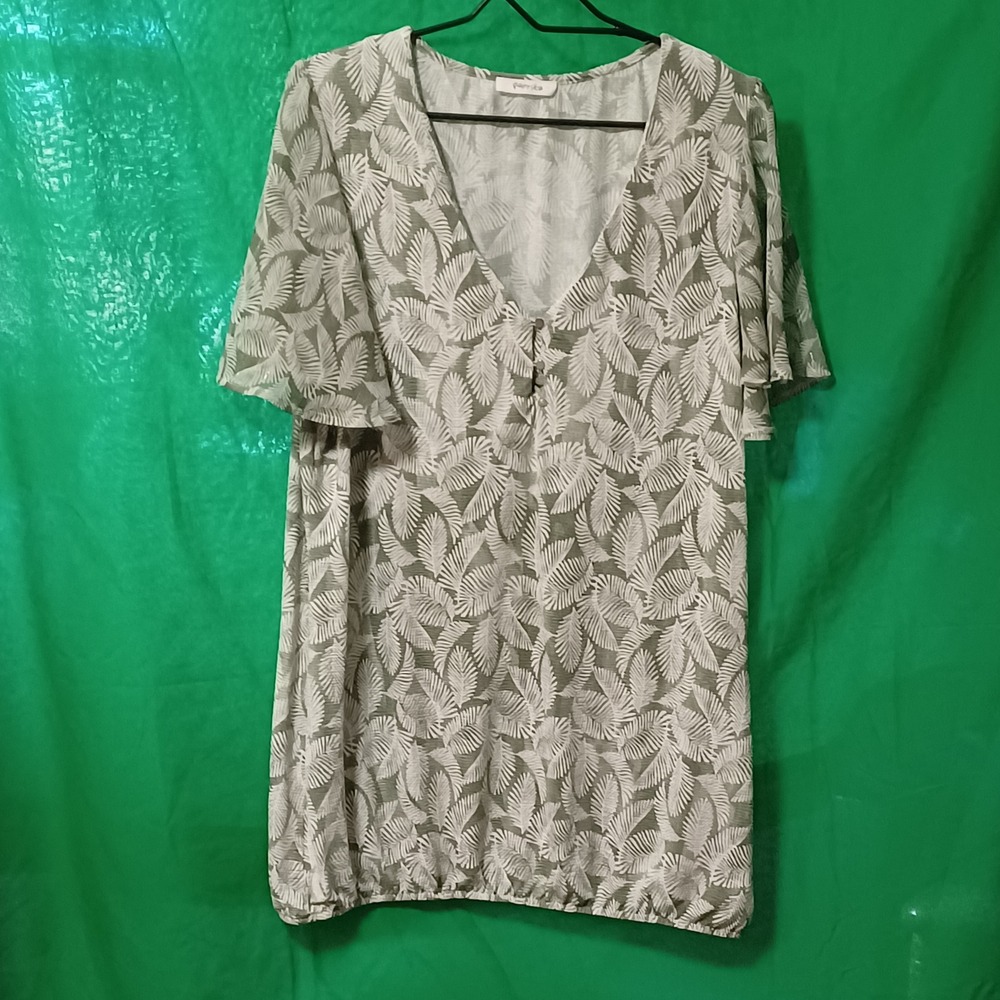 Paprika Womens Green White Tropical Leaf Print V-Neck Flutter Sleeve Blouse S